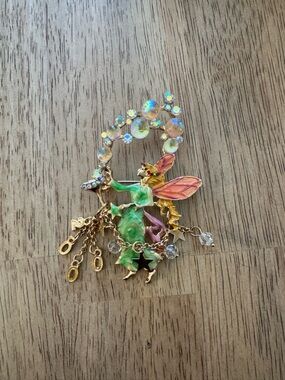 Whimsical Fairy Enamel and Crystal Brooch — Green Pink Gold